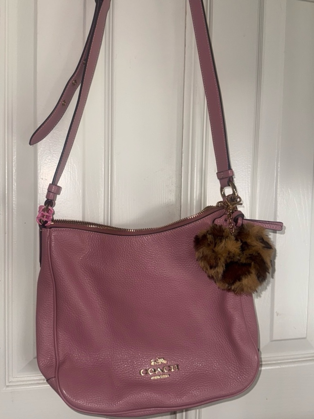 Coach Dusty Pink Pebble Leather Crossbody with Fur Pom